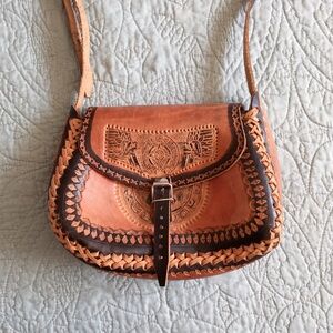 Vintage Mexican Leather Tooled Purse Crossbody Bag